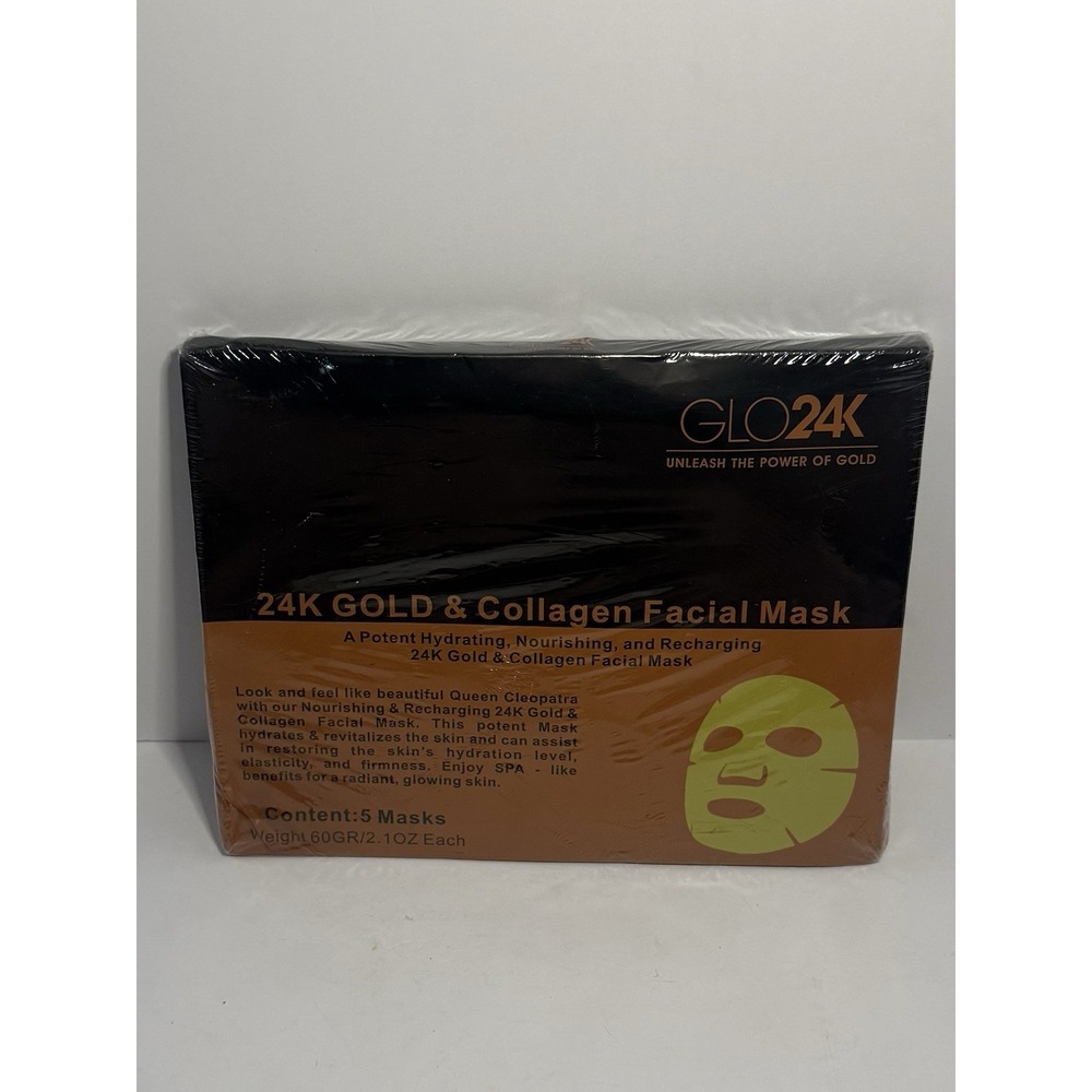 GLO24K - 24K Gold & Collagen Facial Mask - Includes 5 Masks Per Box - Exp 05/27